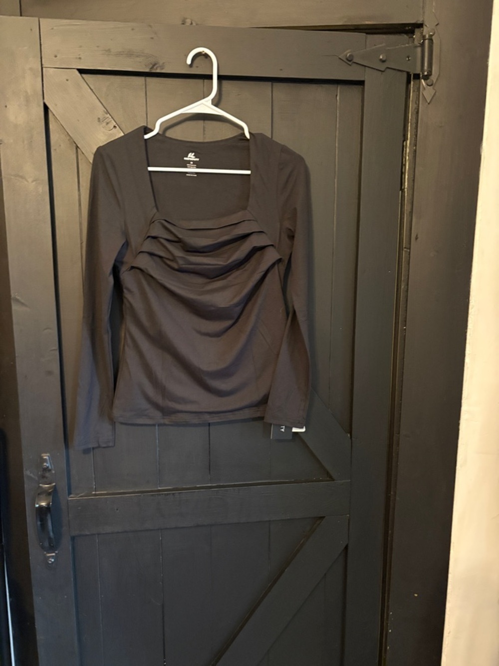 Square-Neck Black Long-Sleeve Ruched Top